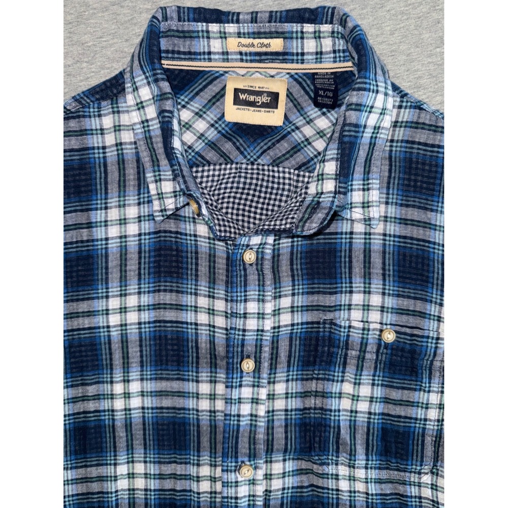 Wrangler Mens Double Cloth Blue Plaid Flannel Shirt Size XL Soft Comfortable